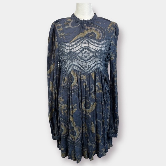 Free People Sweet Thing Baby Swing Dress Tunic Navy Paisley Size Small - Picture 3 of 9